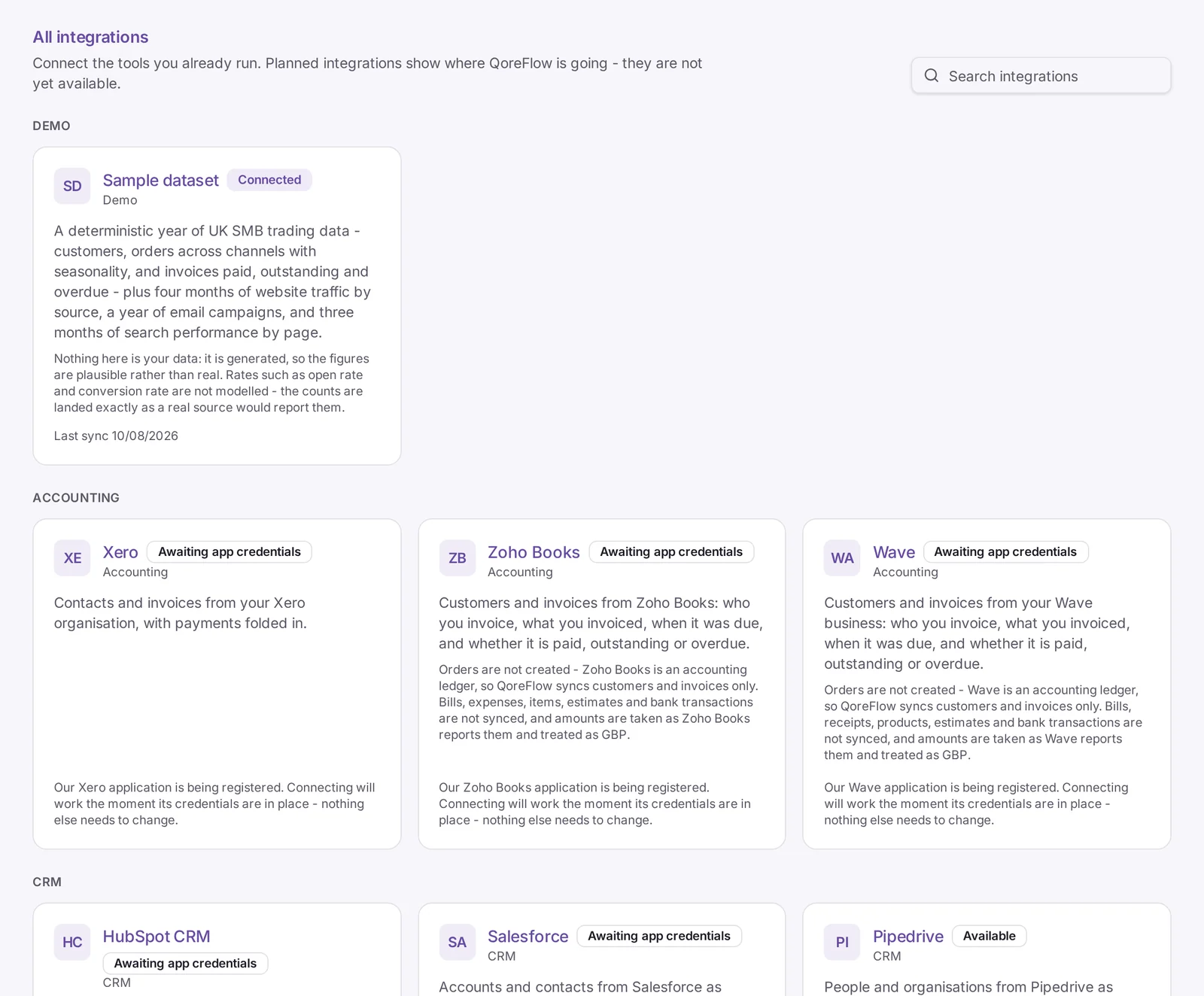 The QoreFlow integrations catalogue, grouped by category, with each card stating what it syncs